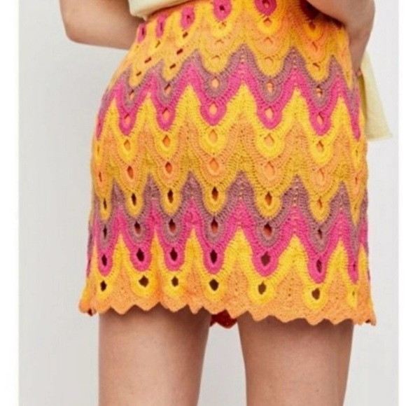 Free People Heat of the Moment Chevron Crochet Mini Skirt in Yellow & Pink - Picture 2 of 5